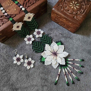 bead necklace flower necklace 3D necklace leaf green leaves haldi necklace set flower earrings white necklace