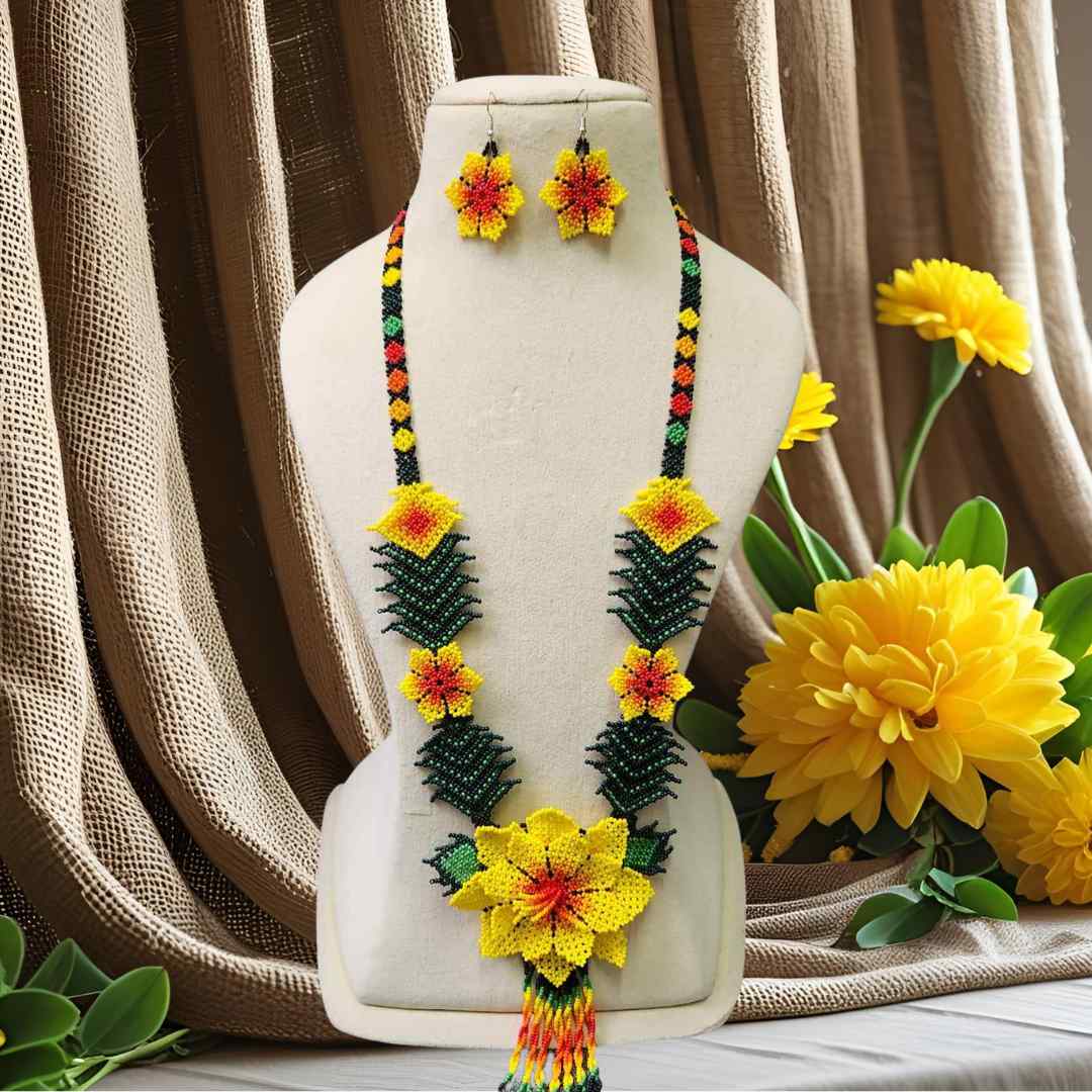 bead necklace flower necklace 3D necklace leaf green leaves haldi necklace set flower earrings yellow necklace