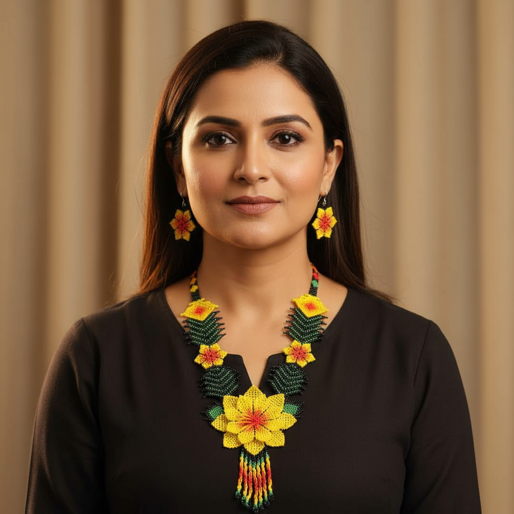 Haritha yellow floral bead necklace set