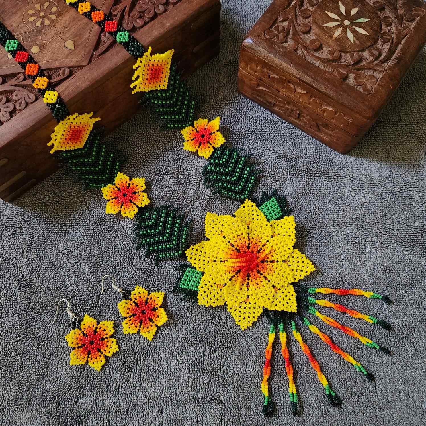 bead necklace flower necklace 3D necklace leaf green leaves haldi necklace set flower earrings yellow necklace