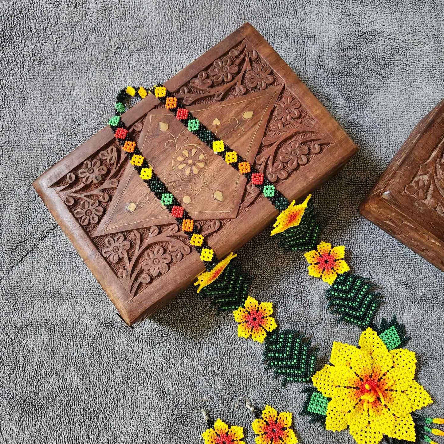 bead necklace flower necklace 3D necklace leaf green leaves haldi necklace set flower earrings yellow necklace