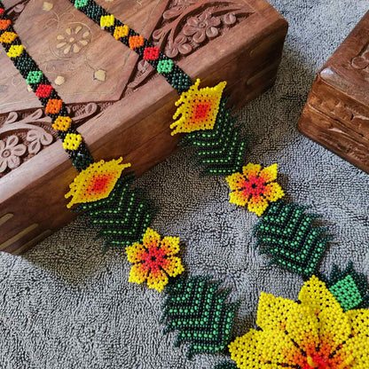 bead necklace flower necklace 3D necklace leaf green leaves haldi necklace set flower earrings yellow necklace