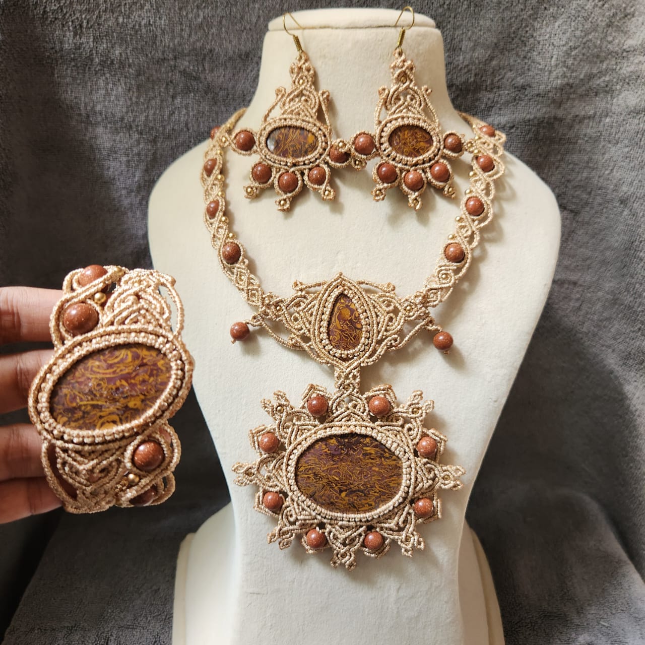 semiprecious stone jewellery set bridal necklace set sunstone bead earrings bracelet necklace set mandala necklace macrame party wear jewellery wedding sangeet mehndi reception engagement jewellery