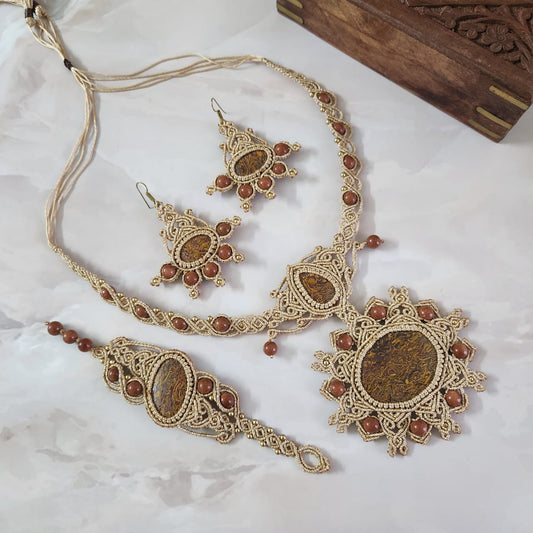 semiprecious stone jewellery set bridal necklace set sunstone bead earrings bracelet necklace set mandala necklace macrame party wear jewellery wedding sangeet mehndi reception engagement jewellery