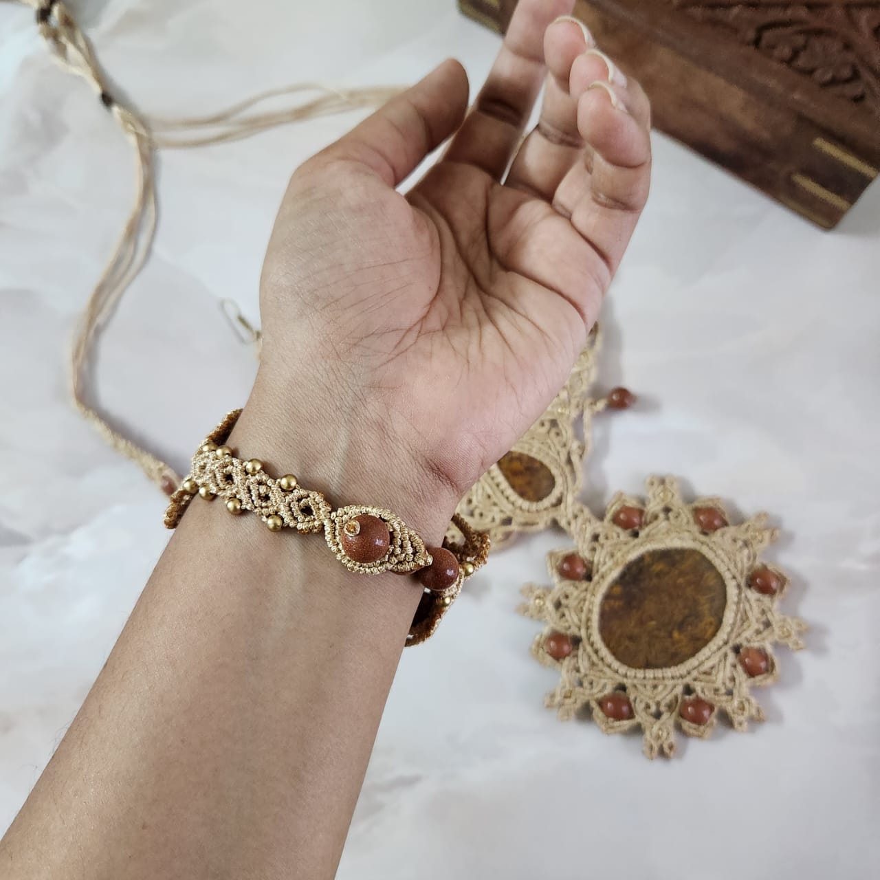 semiprecious stone jewellery set bridal necklace set sunstone bead earrings bracelet necklace set mandala necklace macrame party wear jewellery wedding sangeet mehndi reception engagement jewellery