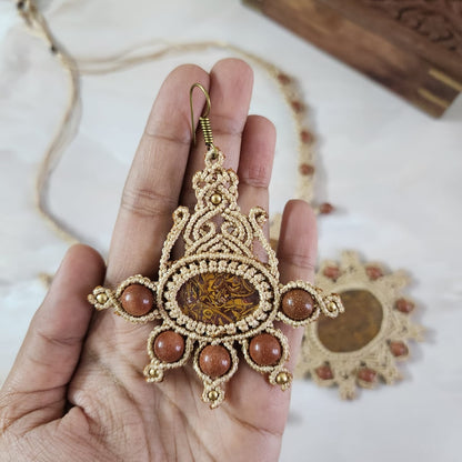 semiprecious stone jewellery set bridal necklace set sunstone bead earrings bracelet necklace set mandala necklace macrame party wear jewellery wedding sangeet mehndi reception engagement jewellery