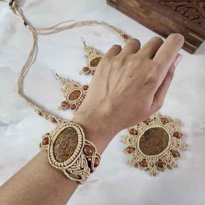 semiprecious stone jewellery set bridal necklace set sunstone bead earrings bracelet necklace set mandala necklace macrame party wear jewellery wedding sangeet mehndi reception engagement jewellery