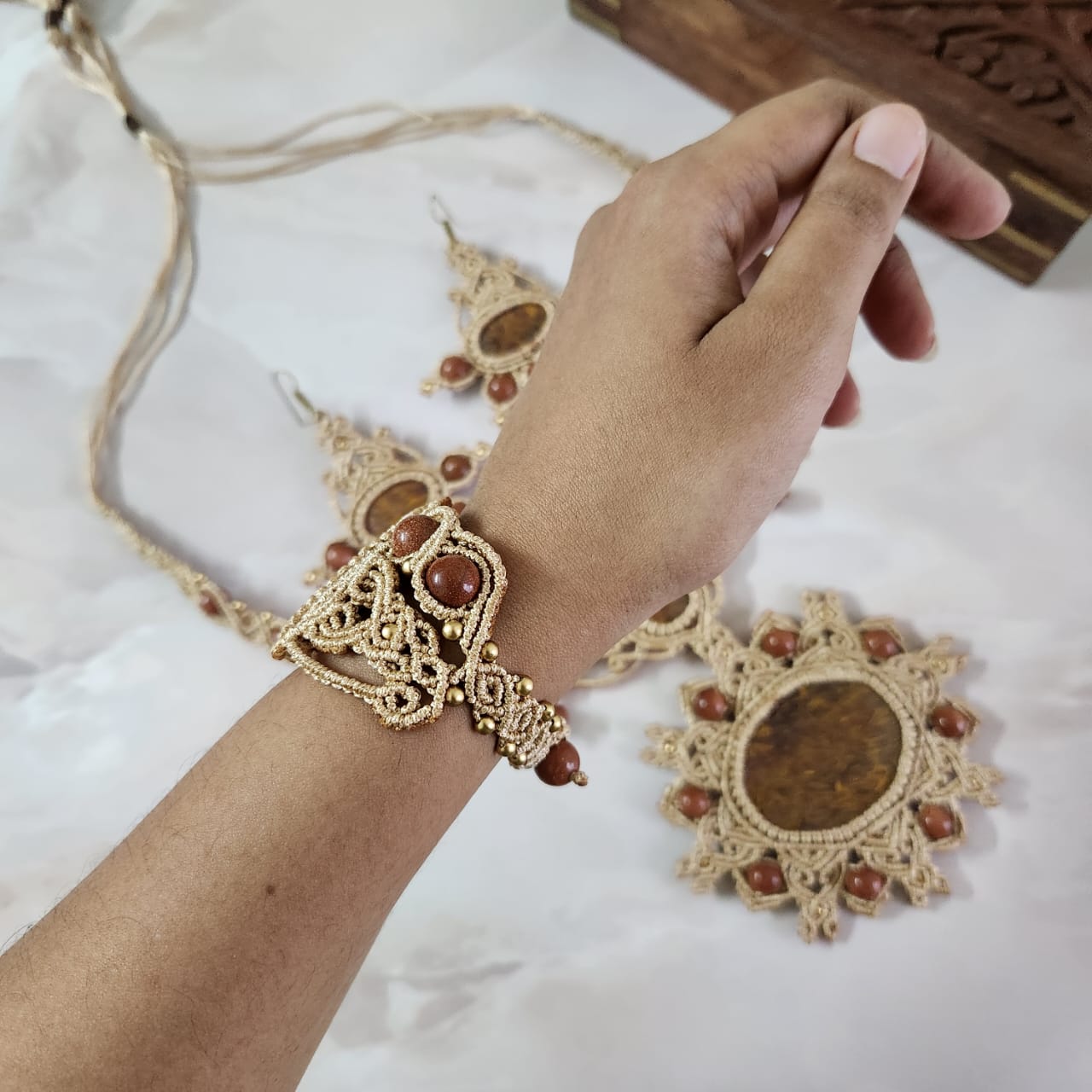 semiprecious stone jewellery set bridal necklace set sunstone bead earrings bracelet necklace set mandala necklace macrame party wear jewellery wedding sangeet mehndi reception engagement jewellery