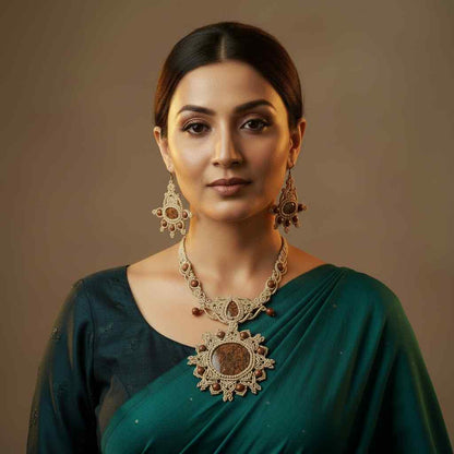 semiprecious stone jewellery set bridal necklace set sunstone bead earrings bracelet necklace set mandala necklace macrame party wear jewellery wedding sangeet mehndi reception engagement jewellery