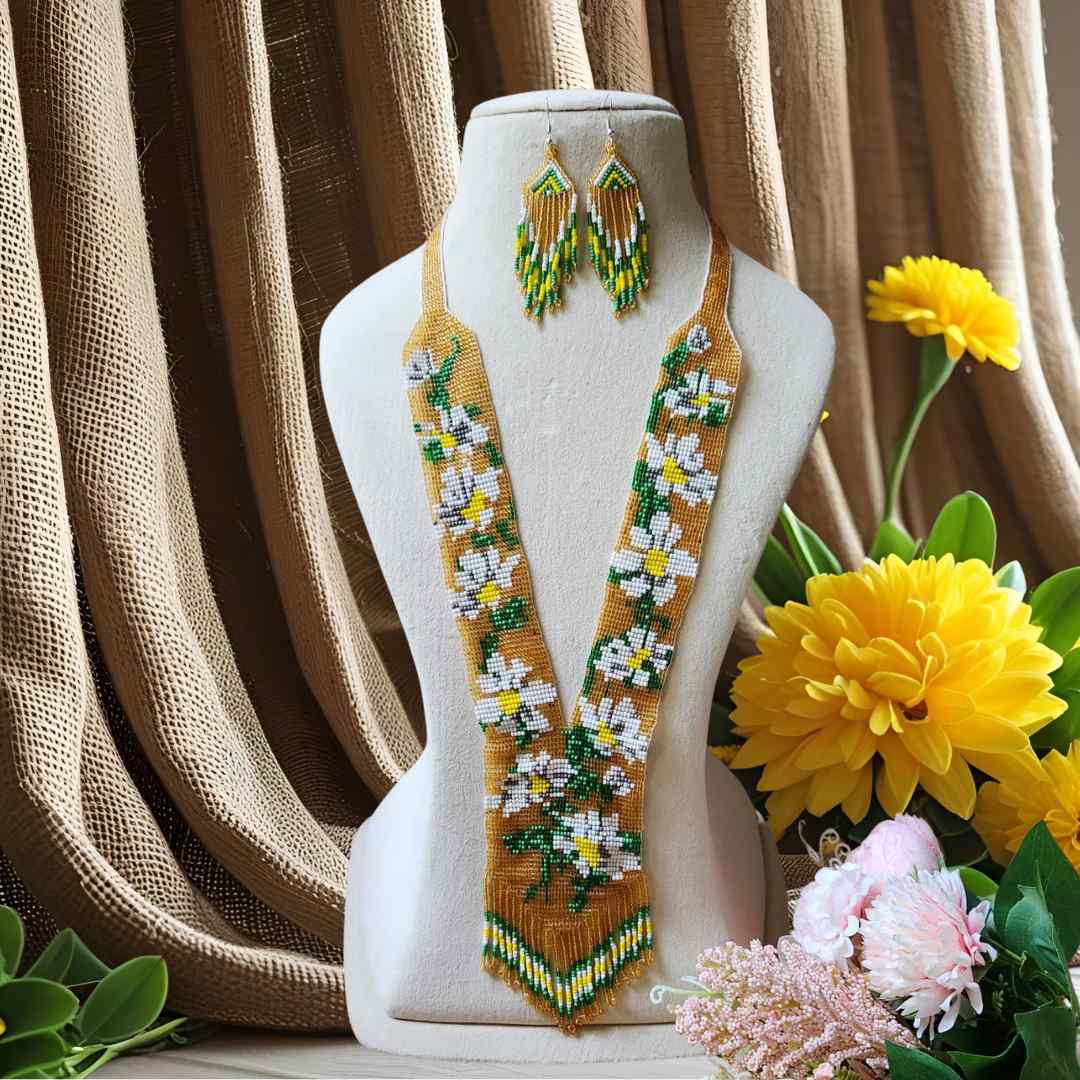 bead necklace set white floral necklace golden yellow necklace for Sangeet daily wear necklace for office