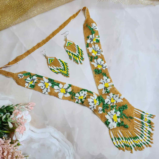 bead necklace set white floral necklace golden yellow necklace for Sangeet daily wear necklace for office