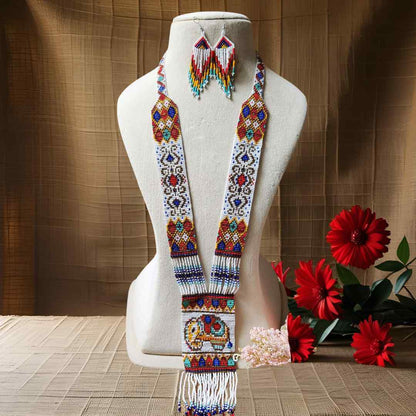 long bead necklace for puja elephant design multicoloured necklace for party seed bead accessories layered necklace earrings set