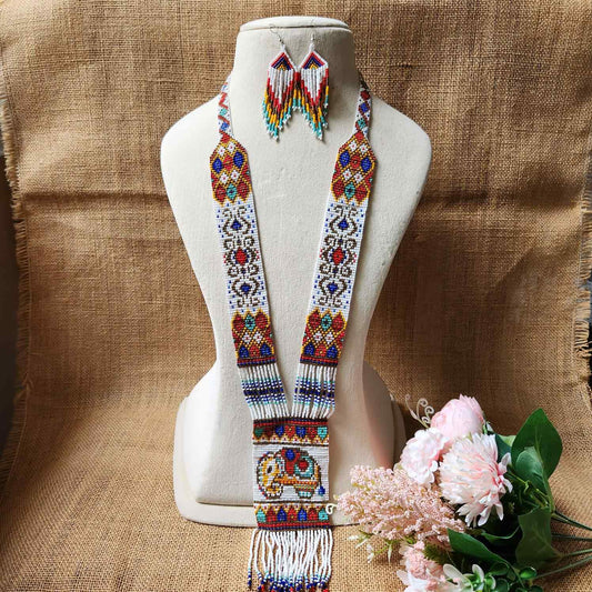 long bead necklace for puja elephant design multicoloured necklace for party seed bead accessories layered necklace earrings set