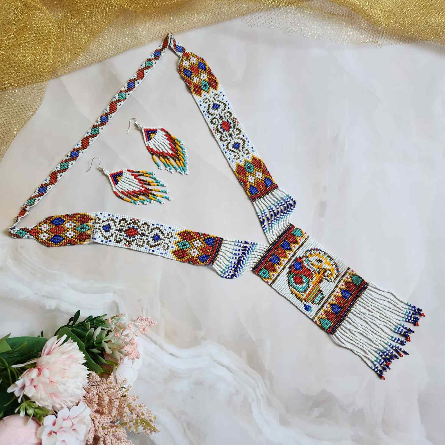 long bead necklace for puja elephant design multicoloured necklace for party seed bead accessories layered necklace earrings set