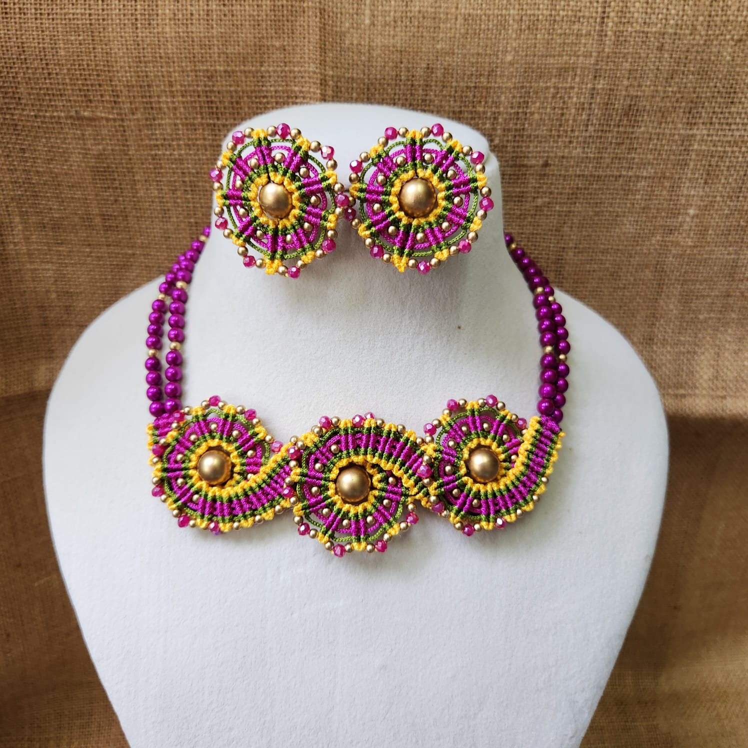 macrame necklace set for office daily wear jewellery lightweight purple necklace yellow stud earrings bead jewellery pearl necklace multicolour