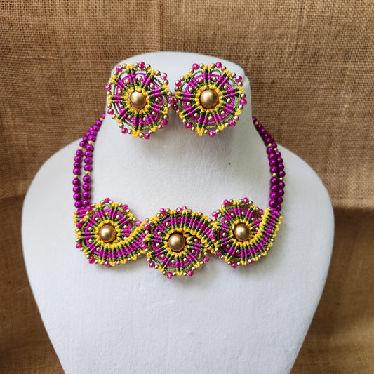 macrame necklace set for office daily wear jewellery lightweight purple necklace yellow stud earrings bead jewellery pearl necklace multicolour