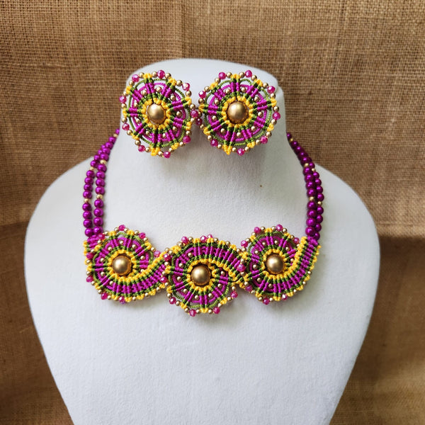 macrame necklace set for office daily wear jewellery lightweight purple necklace yellow stud earrings bead jewellery pearl necklace multicolour