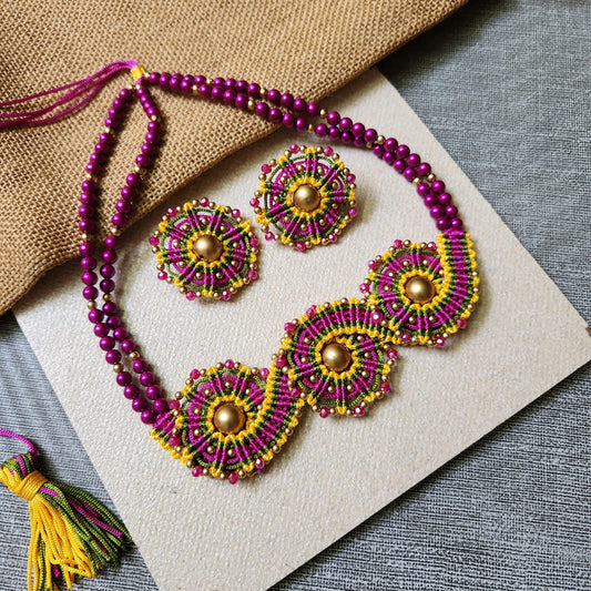 macrame necklace set for office daily wear jewellery lightweight purple necklace yellow stud earrings bead jewellery pearl necklace multicolour