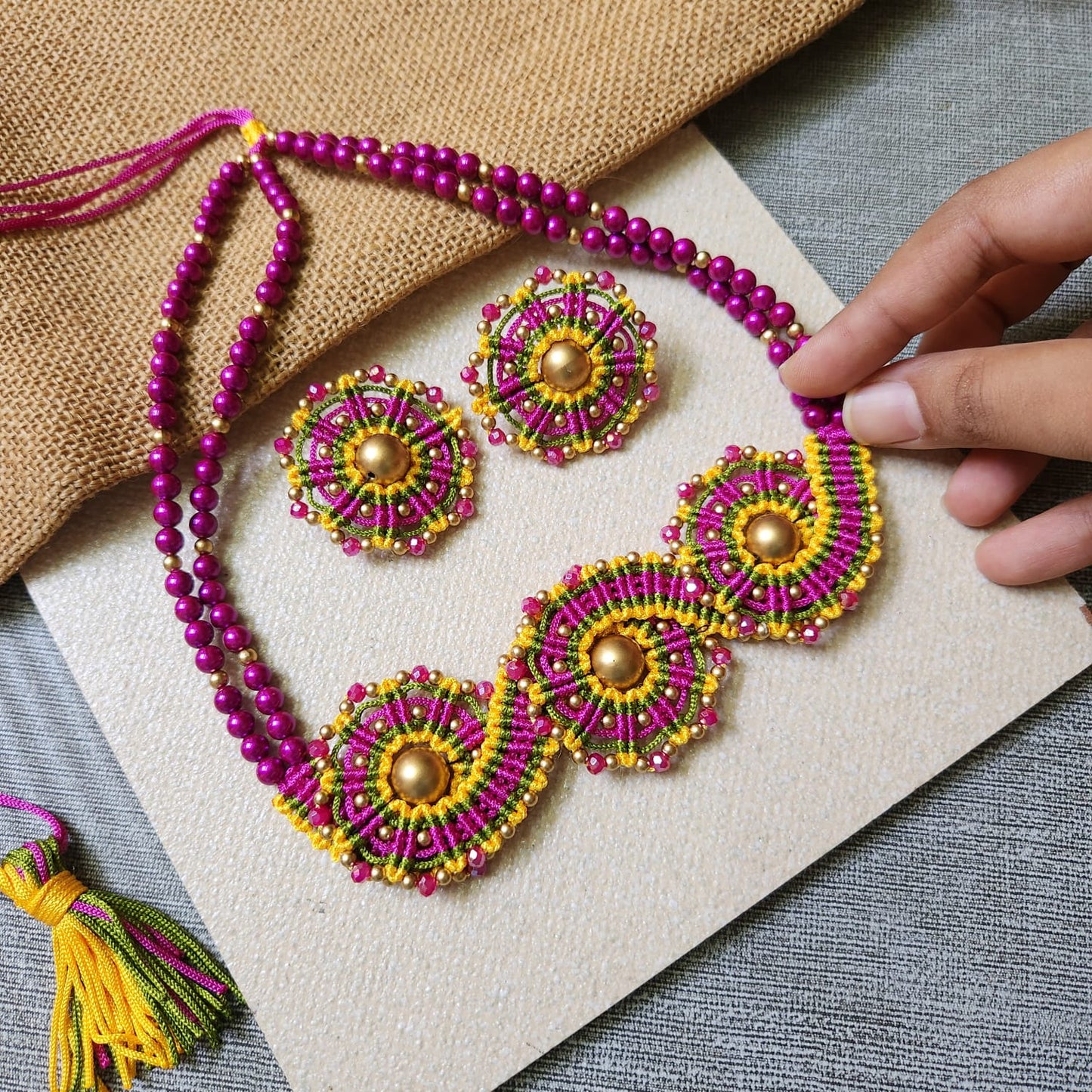 macrame necklace set for office daily wear jewellery lightweight purple necklace yellow stud earrings bead jewellery pearl necklace multicolour