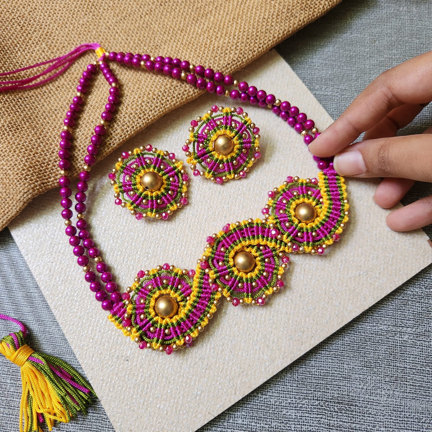 macrame necklace set for office daily wear jewellery lightweight purple necklace yellow stud earrings bead jewellery pearl necklace multicolour