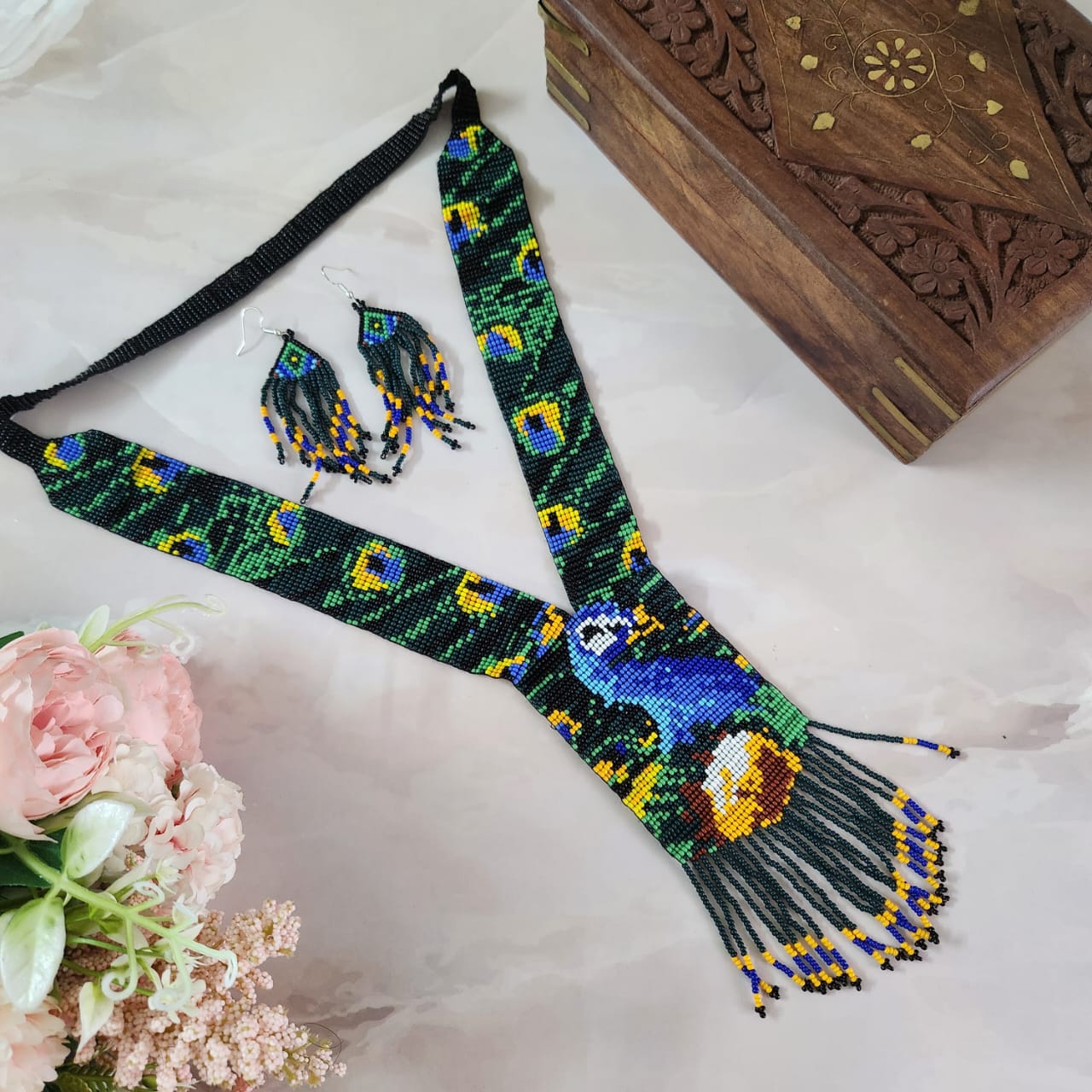 peacock necklace set partywear jewellery bead necklace earrings set dancing peacock jewellery dangler earrings wedding wear lightweight necklace set