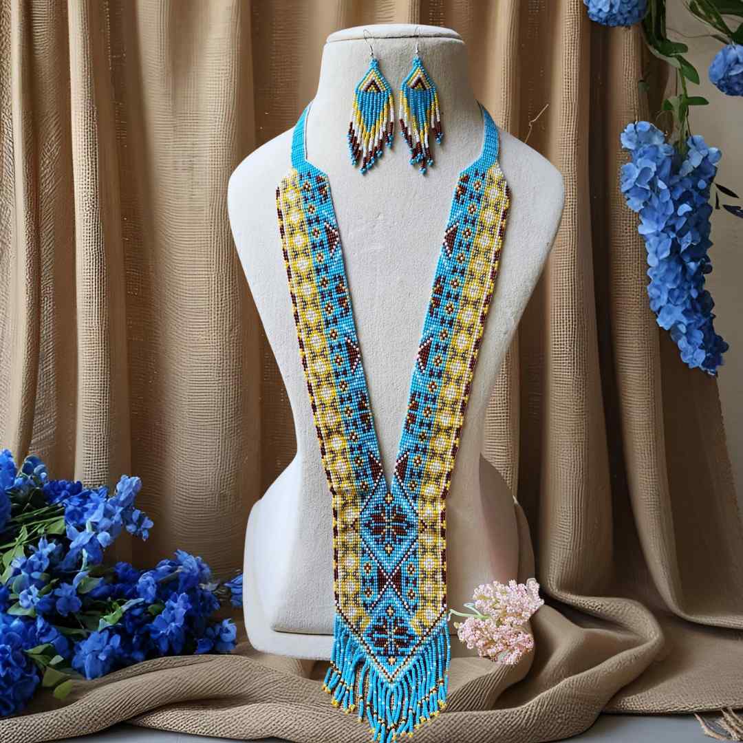 bead necklace set white brown geometric design necklace golden yellow turquoise blue necklace for Sangeet daily wear necklace for office