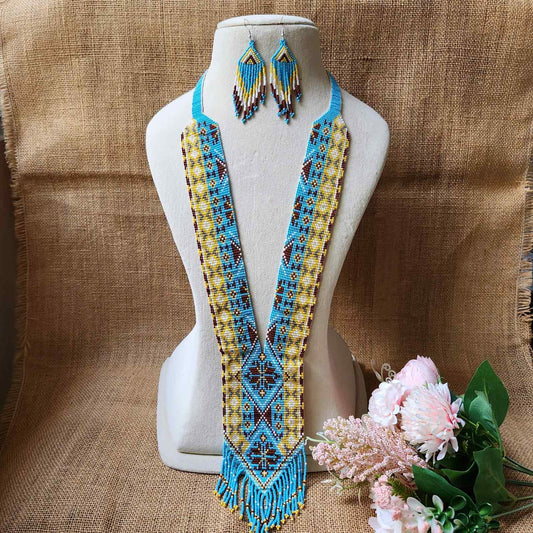 bead necklace set white brown geometric design necklace golden yellow turquoise blue necklace for Sangeet daily wear necklace for office