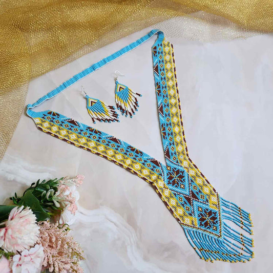 bead necklace set white brown geometric design necklace golden yellow turquoise blue necklace for Sangeet daily wear necklace for office
