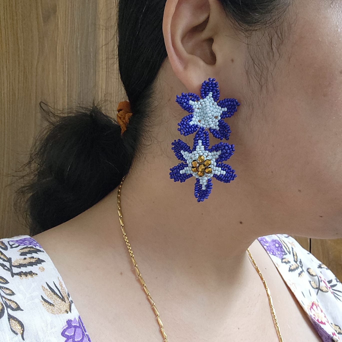 floral earrings for party wear earrings in blue seed beads stud earrings large earrings for saree lehenga wedding sangeet mehendi reception party earrings