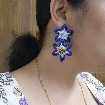 floral earrings for party wear earrings in blue seed beads stud earrings large earrings for saree lehenga wedding sangeet mehendi reception party earrings