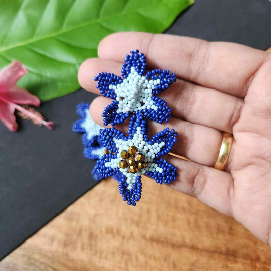 floral earrings for party wear earrings in blue seed beads stud earrings large earrings for saree lehenga wedding sangeet mehendi reception party earrings