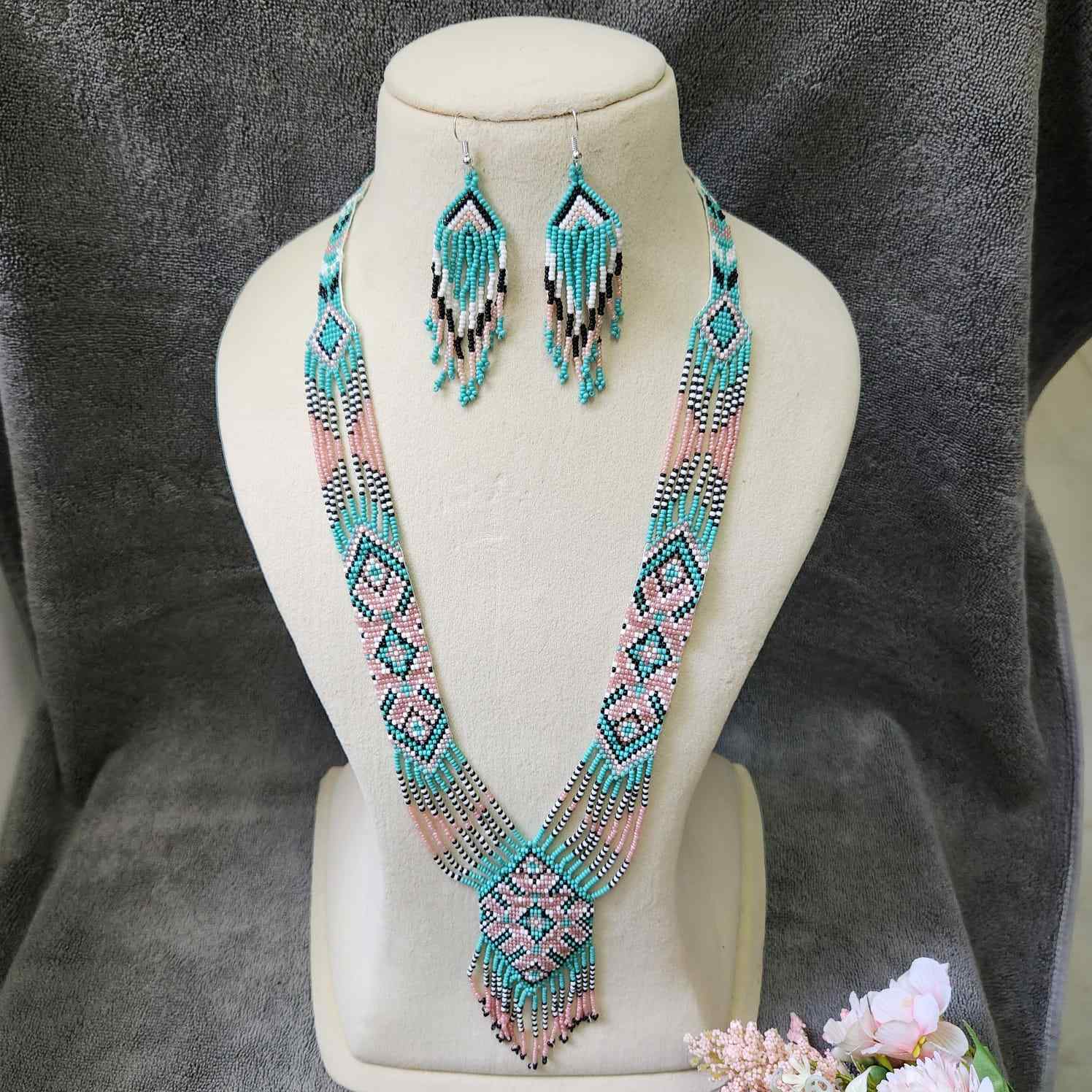 seafoam green and pink pastel bead necklace set layered necklace geometric pattern native american design necklace for office wear party wear wedding haldi mehndi sangeet jewellery