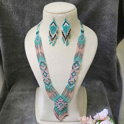 seafoam green and pink pastel bead necklace set layered necklace geometric pattern native american design necklace for office wear party wear wedding haldi mehndi sangeet jewellery