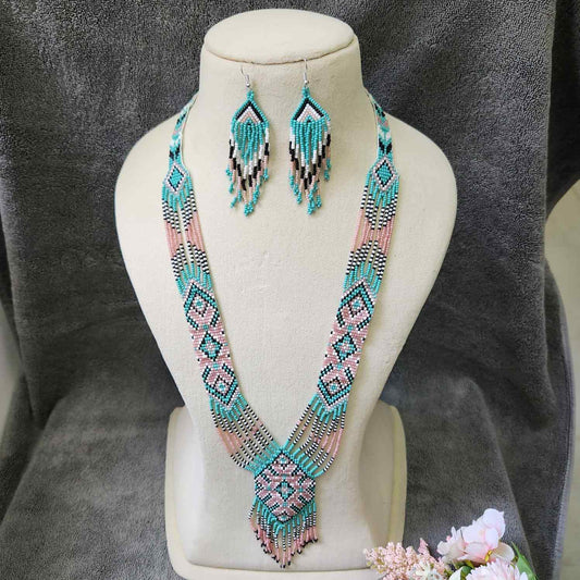 seafoam green and pink pastel bead necklace set layered necklace geometric pattern native american design necklace for office wear party wear wedding haldi mehndi sangeet jewellery