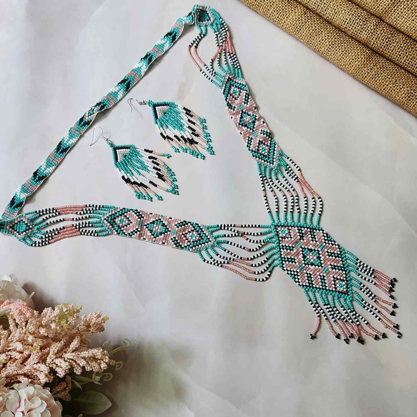 seafoam green and pink pastel bead necklace set layered necklace geometric pattern native american design necklace for office wear party wear wedding haldi mehndi sangeet jewellery