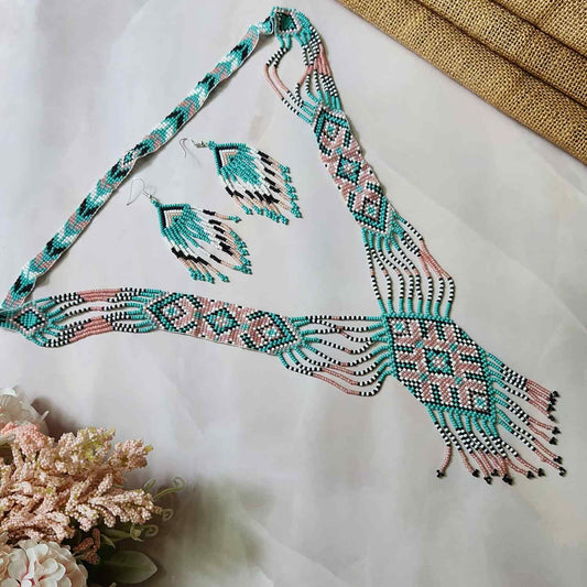seafoam green and pink pastel bead necklace set layered necklace geometric pattern native american design necklace for office wear party wear wedding haldi mehndi sangeet jewellery
