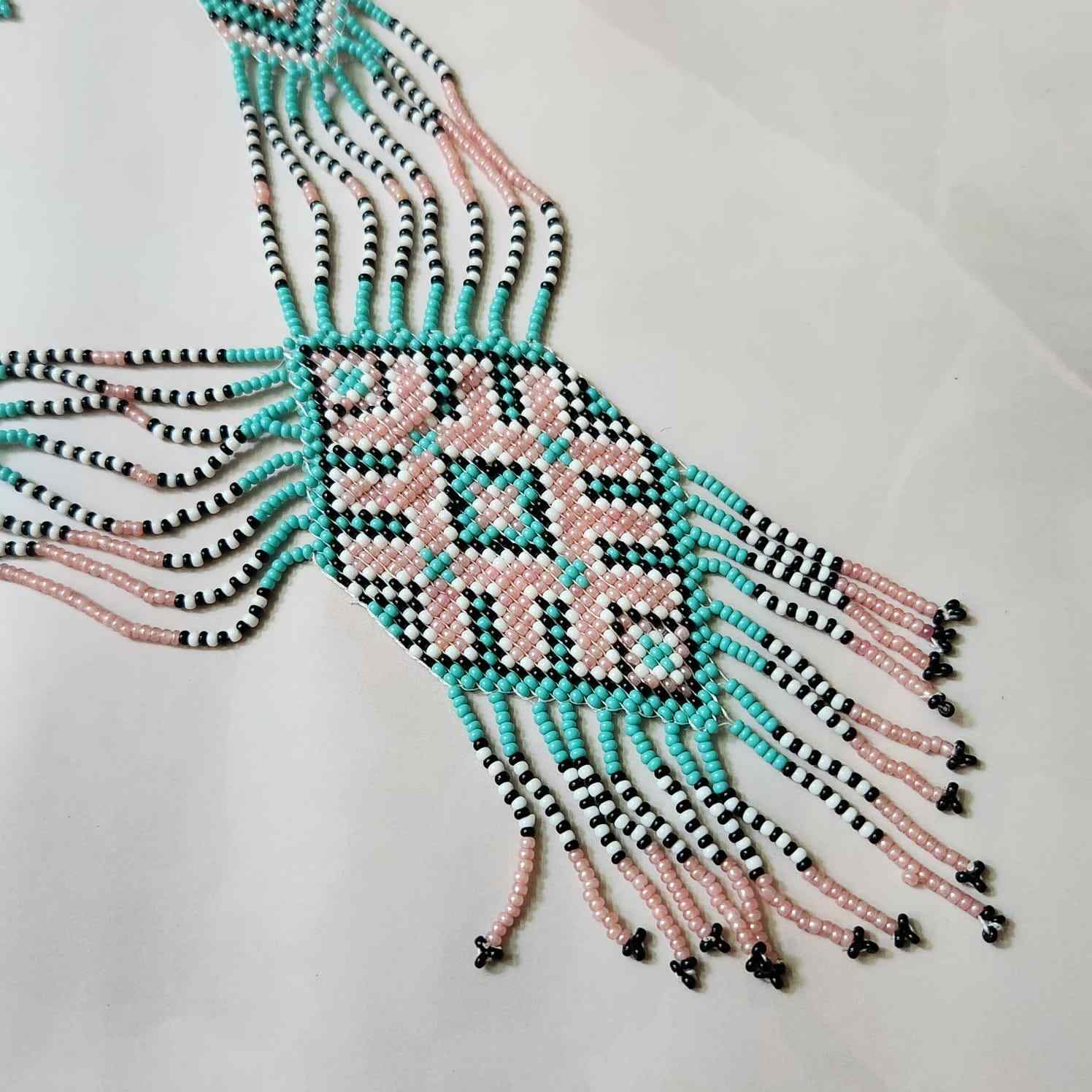 seafoam green and pink pastel bead necklace set layered necklace geometric pattern native american design necklace for office wear party wear wedding haldi mehndi sangeet jewellery