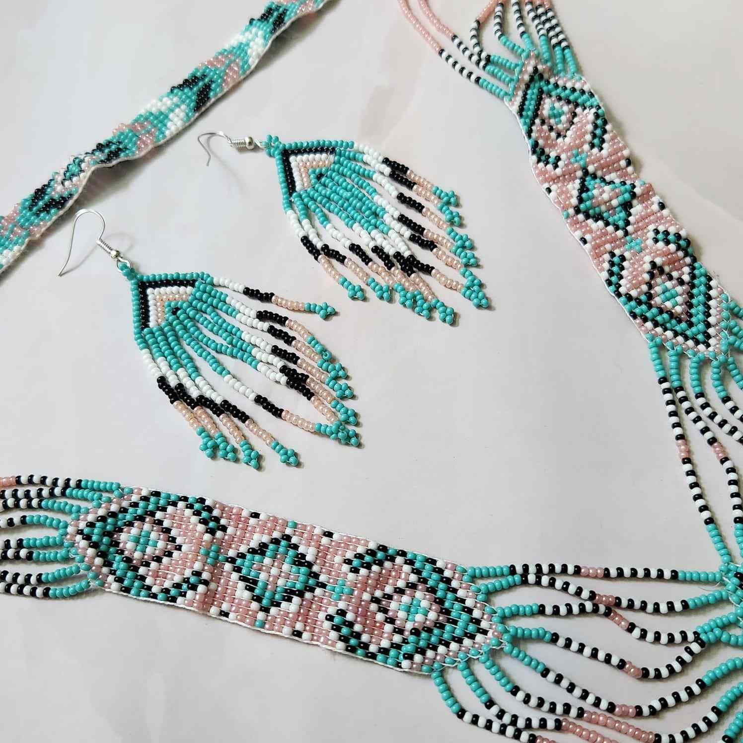 seafoam green and pink pastel bead necklace set layered necklace geometric pattern native american design necklace for office wear party wear wedding haldi mehndi sangeet jewellery