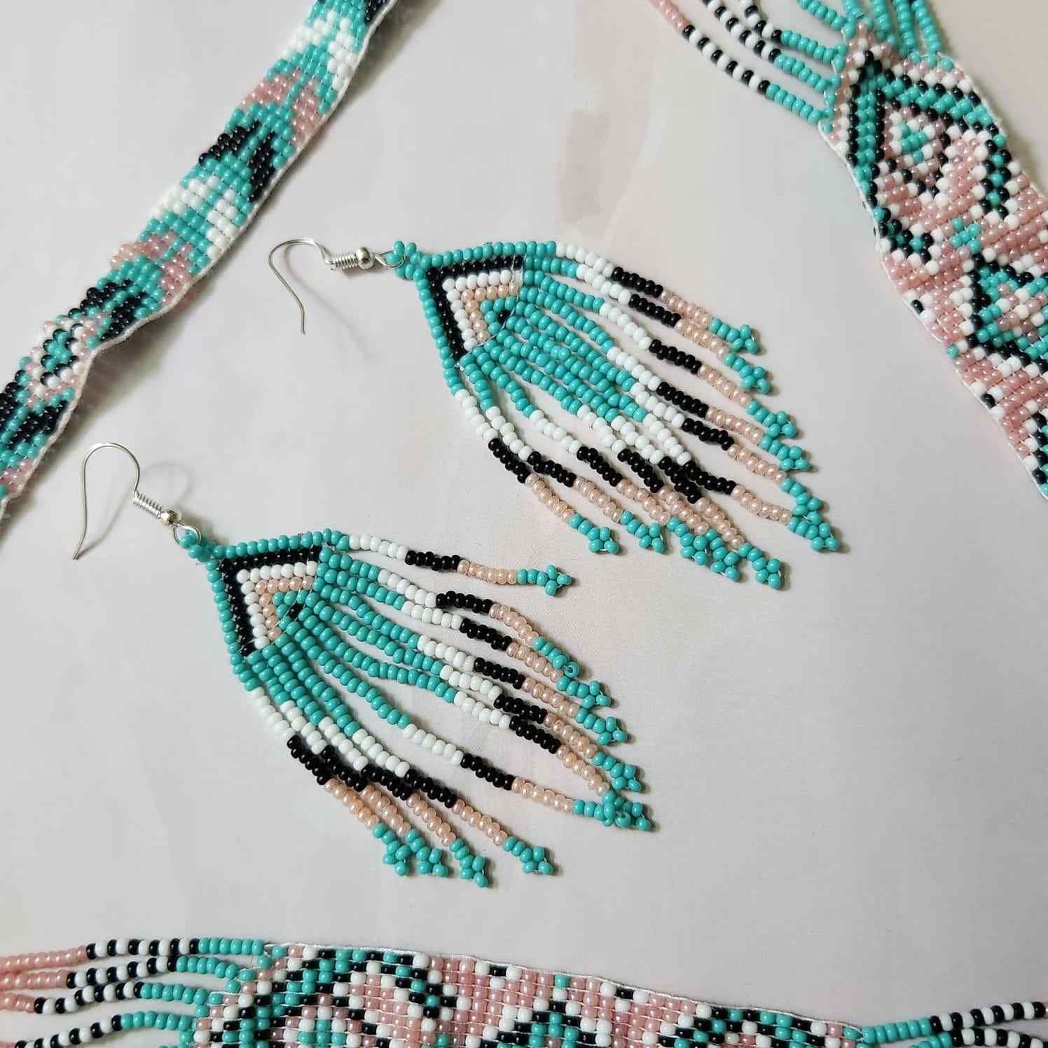 seafoam green and pink pastel bead necklace set layered necklace geometric pattern native american design necklace for office wear party wear wedding haldi mehndi sangeet jewellery