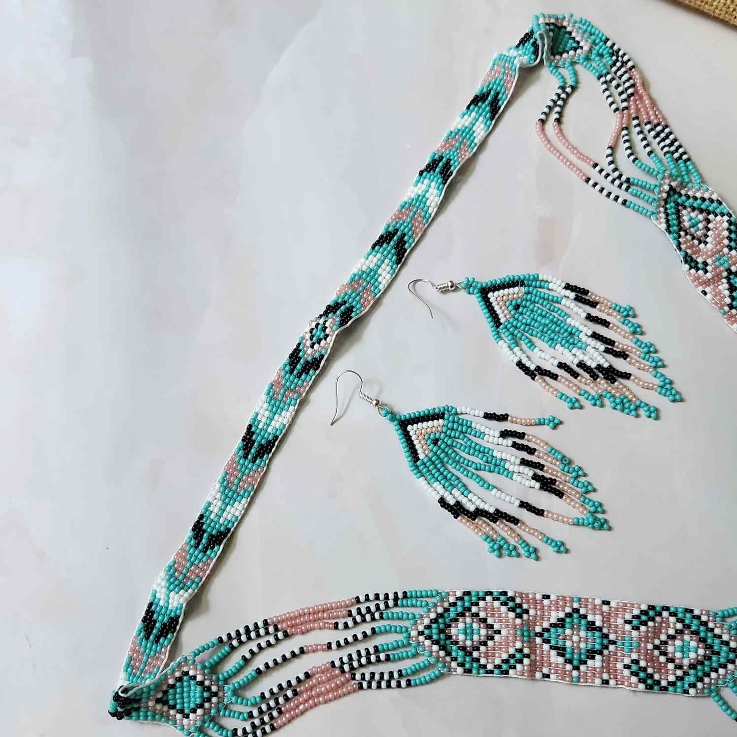 seafoam green and pink pastel bead necklace set layered necklace geometric pattern native american design necklace for office wear party wear wedding haldi mehndi sangeet jewellery