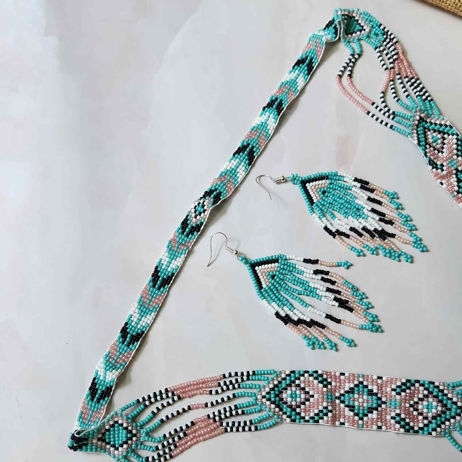 seafoam green and pink pastel bead necklace set layered necklace geometric pattern native american design necklace for office wear party wear wedding haldi mehndi sangeet jewellery