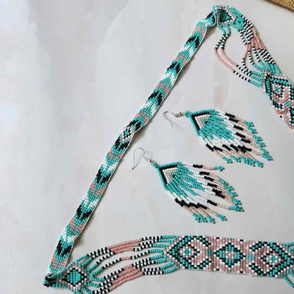 seafoam green and pink pastel bead necklace set layered necklace geometric pattern native american design necklace for office wear party wear wedding haldi mehndi sangeet jewellery