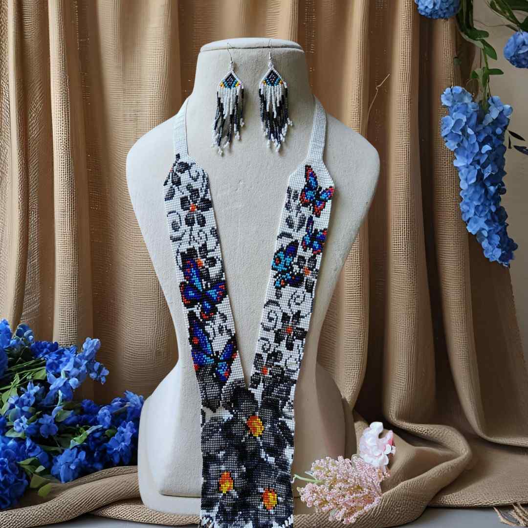 bead necklace set black and white blue butterfly floral design necklace daily wear necklace for office and party