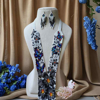 bead necklace set black and white blue butterfly floral design necklace daily wear necklace for office and party