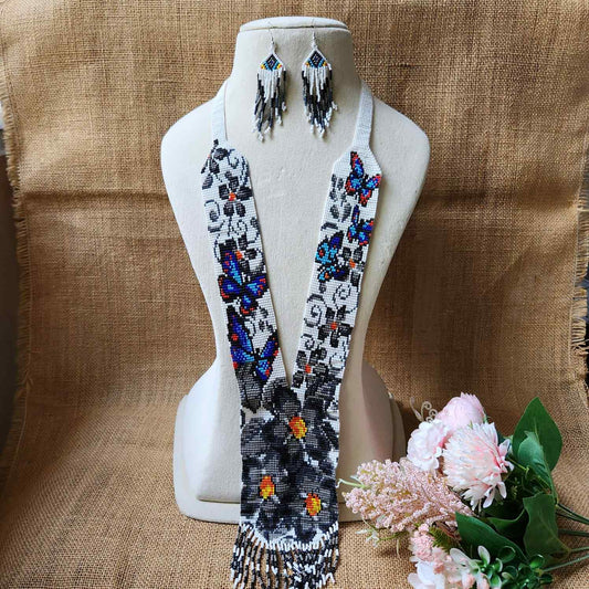 bead necklace set black and white blue butterfly floral design necklace daily wear necklace for office and party. 