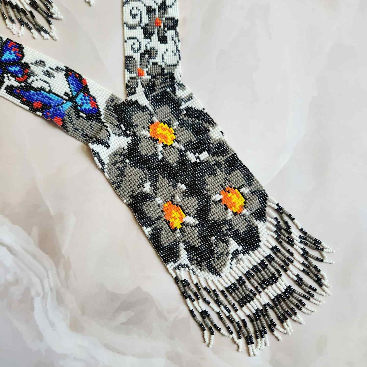 bead necklace set black and white blue butterfly floral design necklace daily wear necklace for office and party. 