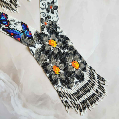 bead necklace set black and white blue butterfly floral design necklace daily wear necklace for office and party. 