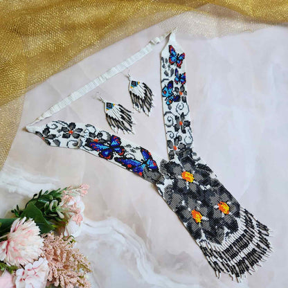 bead necklace set black and white blue butterfly floral design necklace daily wear necklace for office and party. 