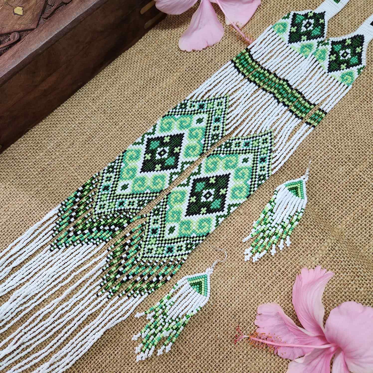bead loom necklace long necklace layer necklace geometric design party necklace for saree formal wear statement necklace set