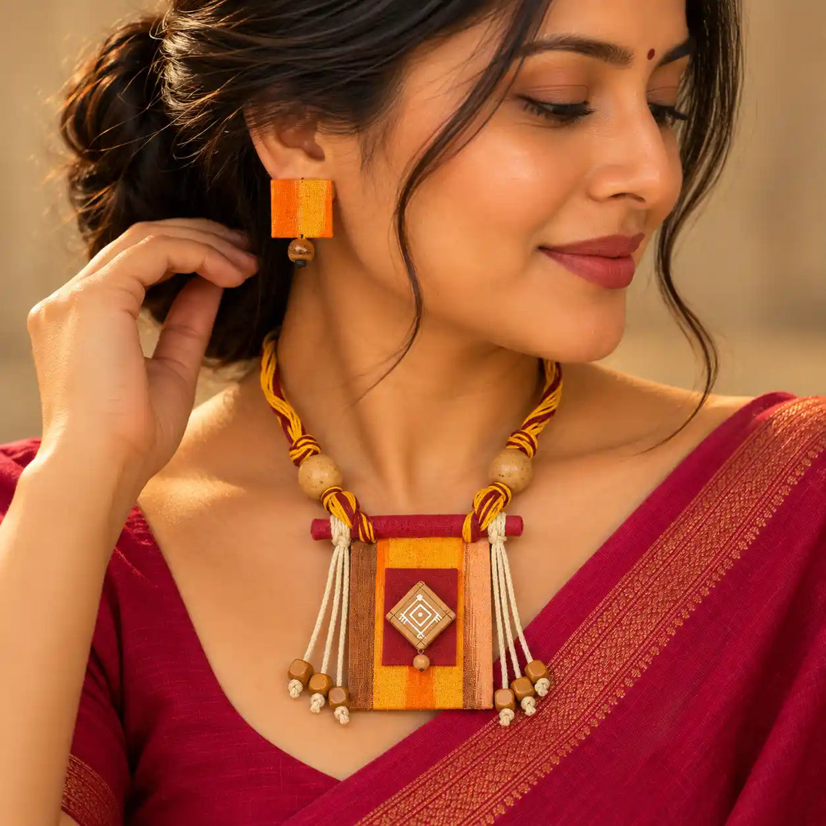 Mrinmayi orange fabric necklace set